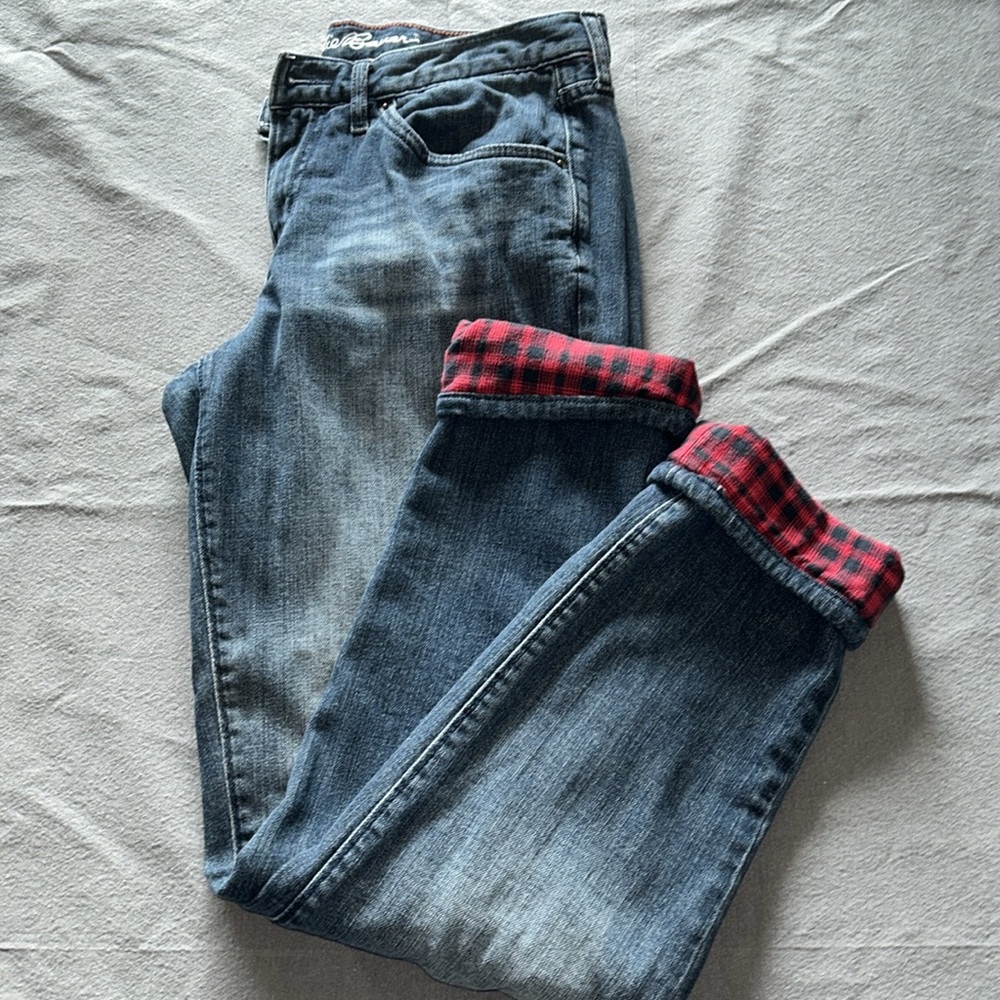 Eddie Bauer Blue Jeans with Red Plaid Lining